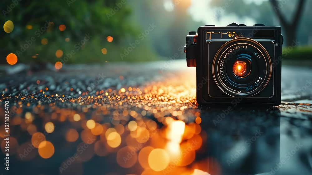 Poster close up of camera capturing reflections and bokeh effects on rain soaked surface, showcasing artist