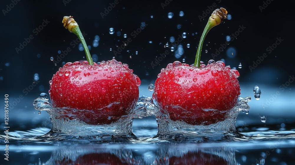 Poster two ripe cherries splashing into water, creating dynamic droplets. a vibrant image perfect for food 