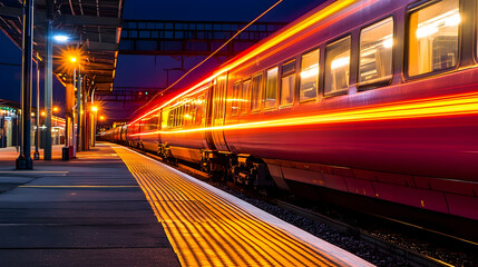 Night train departs station platform; city lights blur; travel, transportation