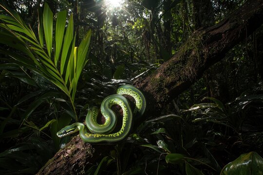 A green tree python coiled around a branch in a lush tropical rainforest, scales shimmering in the dappled sunlight