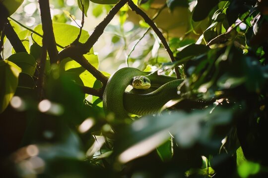A green tree python coiled around a branch in a lush tropical rainforest, scales shimmering in the dappled sunlight