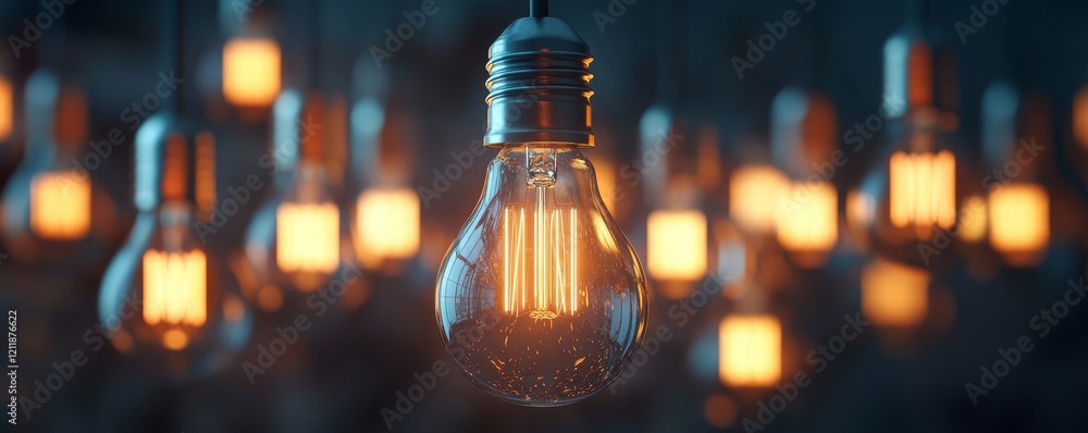 Poster big ideas. illuminated light bulb among the rest of the unlit bulbs., generative ai