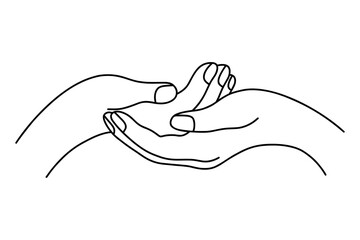 Outline of two hands holding together. Linear hand drawing. Vector illustration. Gesture of help, folded palms, gently holding each other, symbolizing support, care and connection