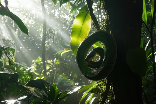 A green tree python coiled around a branch in a lush tropical rainforest, scales shimmering in the dappled sunlight