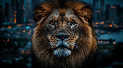Naklejka premium Majestic lion against city lights.