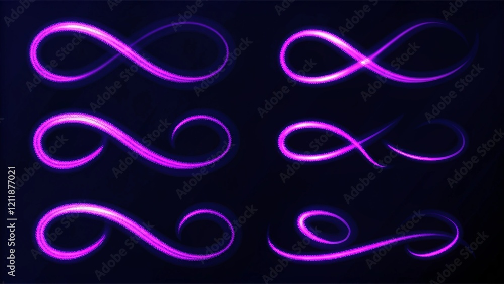 Poster lines in the shape of a comet against a dark background. vortex streams of neon light. big set of li