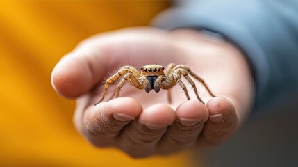 Obraz premium A close-up of a hand holding a spider, showcasing its detailed features against a blurred background.