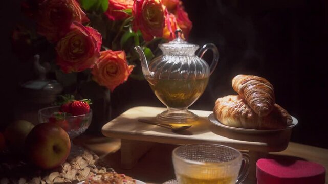 Croissants, Dougnuts, Tea in Romantic Setup with Roses and Heart-shaped Present Box
