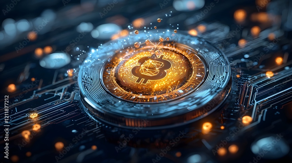 Poster futuristic fintech platform powered by quantum computing visualizing blockchain and cryptocurrency t