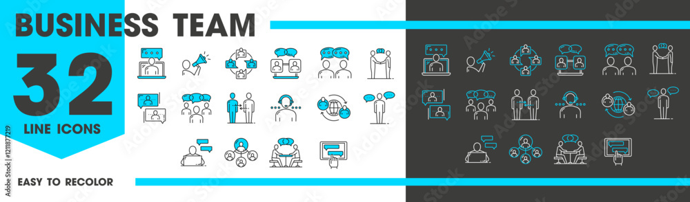 Poster business team chat messenger, support communication and messages, vector line icons. corporate messe