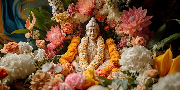 Serene Ramakrishna Portrait with Vibrant Floral Surround
