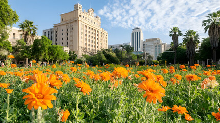 Orange flowers bloom in city park, buildings background, sunny day, travel tourism