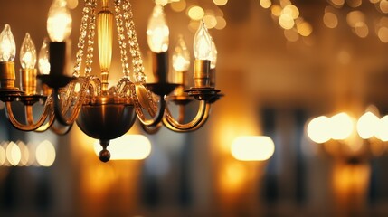 A beautifully illuminated chandelier sparkles with warm light, enhancing the elegant atmosphere of a luxurious space.