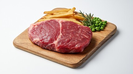 Fresh Raw Steak with Fries and Peas on Wooden Board