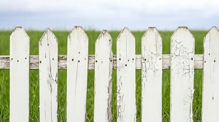 A broken and leaning wooden fence with peeling white paint