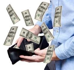 Dollars banknotes flying out of a leather wallet. PNG