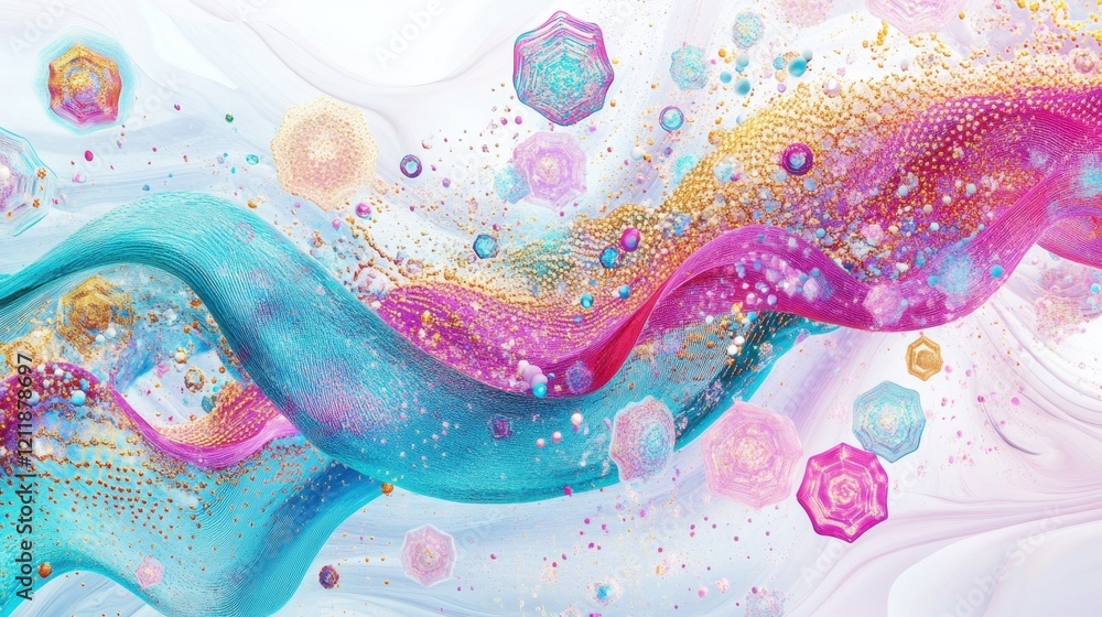 Poster striking design of pulsating waves in vibrant colors and patterns