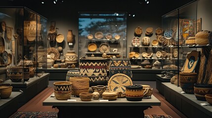 Museum exhibit showcasing Native American pottery, baskets, and artifacts.
