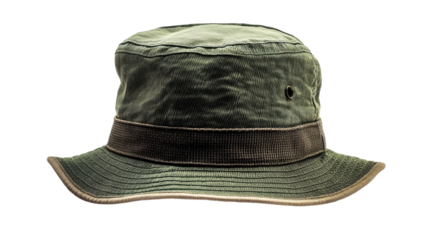 A cozy green bucket hat resting on a surface, perfect for sunny days outdoors in nature