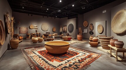 Museum exhibit showcasing diverse collection of handcrafted woven baskets, pottery, and textiles.