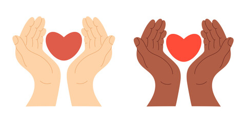 Diverse Two hands with palms facing upwards, holding red heart. Symbolizing care, love and support, compassion, warmth and charity. Vector illustration