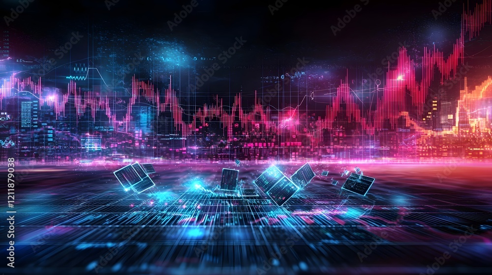 Poster futuristic quantum computing technology analyzes high frequency trading patterns and market data to 