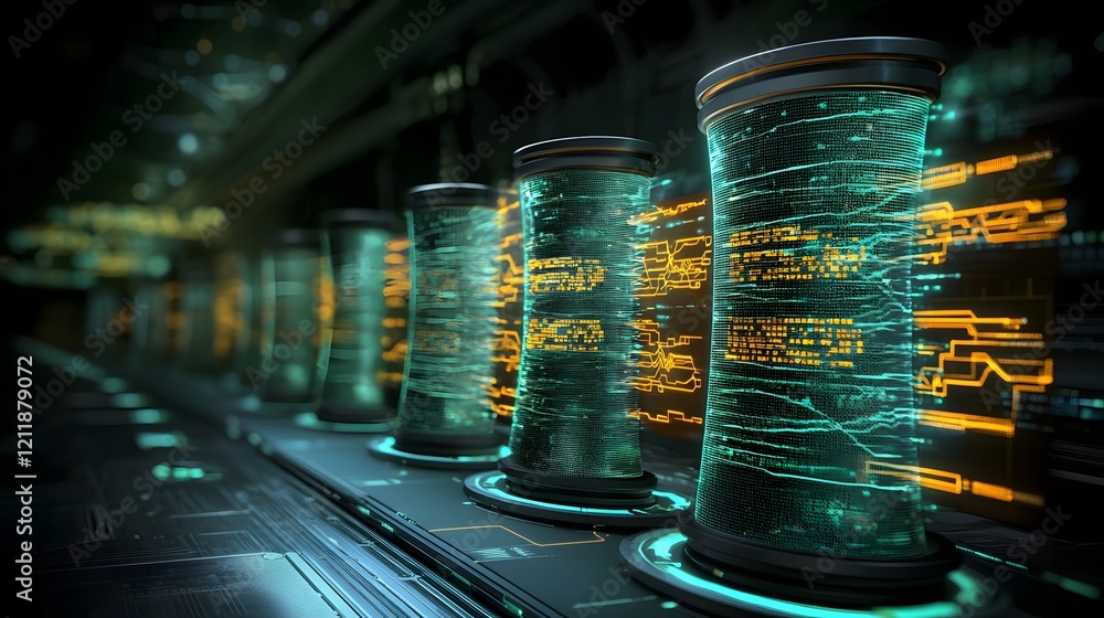 Poster Futuristic quantum computing technology analyzing high frequency trading patterns and algorithms to provide valuable market insights and strategic business intelligence