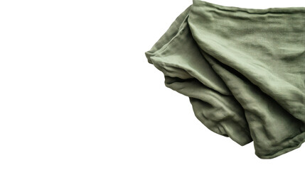 Soft olive green fabric draping elegantly on a bright white background, showcasing textile beauty