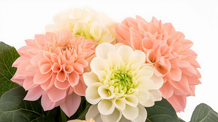 Peach and cream dahlias bouquet, close-up studio shot, white background, wedding or floral arrangement