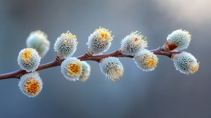 Fototapeta premium Close-up view showcases delicate spring buds adorned with frost, capturing the beauty of nature awakening at dawn. The softness of the petals and the vibrant colors hint at new beginnings