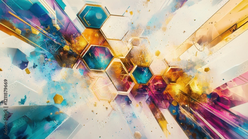 Poster vivid abstract representation featuring colorful geometric elements and shapes