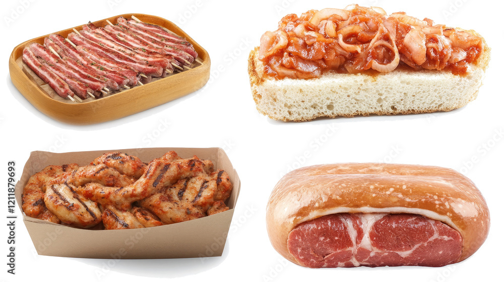 Poster diverse selection of grilled meats on clear background generative ai