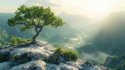 Obraz premium Solitary tree on mountaintop overlooking valley at sunrise.