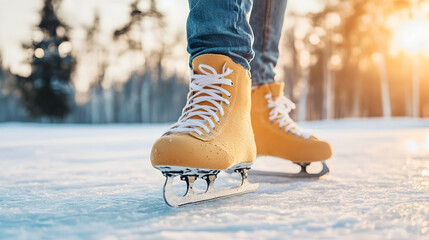 Person ice skating outdoors at sunset, winter forest background; winter activity, leisure image