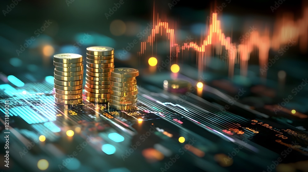 Poster futuristic simulation of quantum computing technology analyzing global economic and financial trends