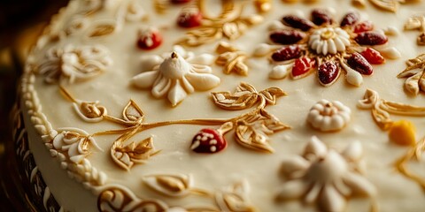 Obraz premium Close up of vibrant Parsi New Year cake adorned with symbolic motifs and festive offerings perfect for celebratory occasions and cultural publications