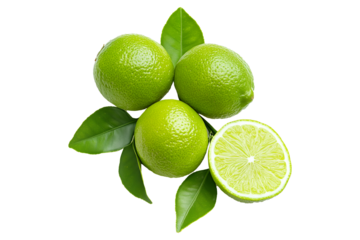 Whole and halved green limes with fresh leaves, presented on white transparent background, highlighting freshness and citrus concept.
