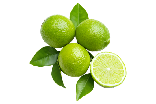 Whole and halved green limes with fresh leaves, presented on white transparent background, highlighting freshness and citrus concept.