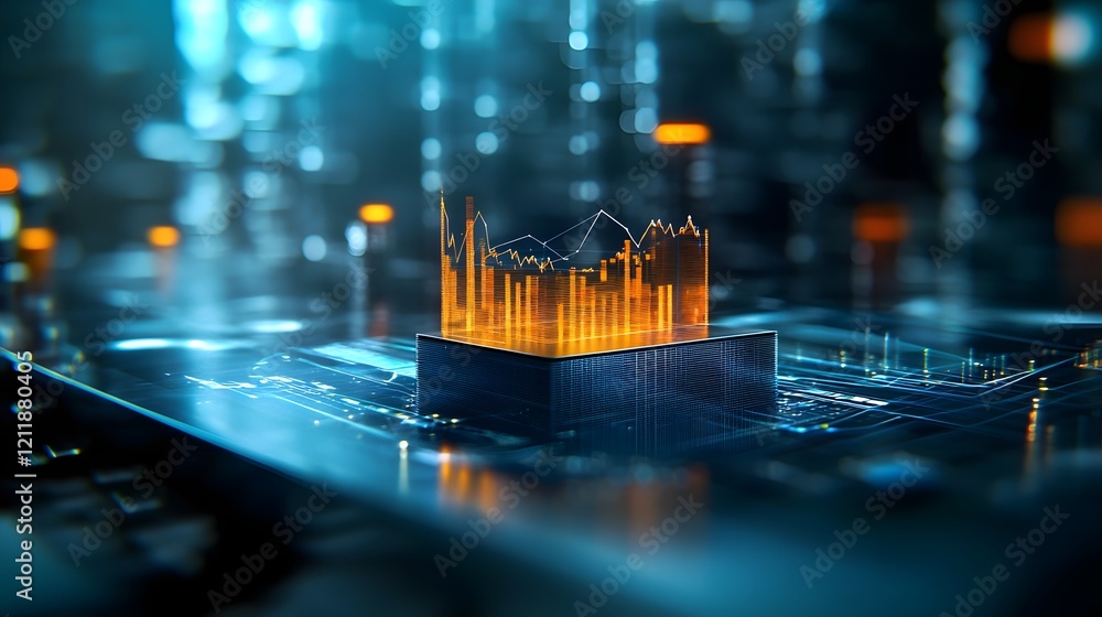 Poster a futuristic simulation of quantum computing analyzing global economic trends and data to guide stra