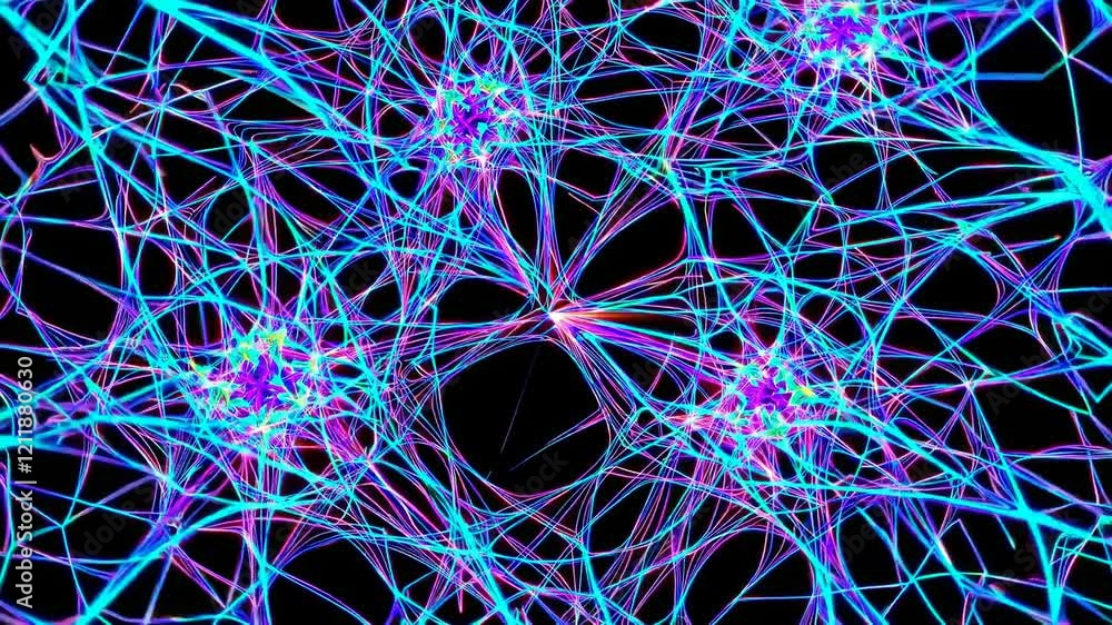 Poster exploration of vibrant neural networks in abstract digital art with intricate patterns and glowing c