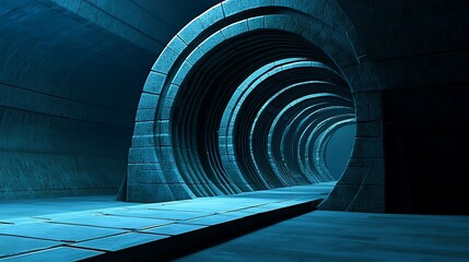 Futuristic tunnel, blue light, stone architecture, background darkness, sci-fi concept art