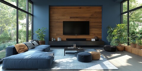 Modern living room interior with blue wall, wooden slats, and black TV mockup, showcasing minimalist design.