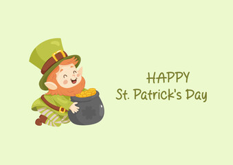 Horizontal card happy St. Patrick. Cute leprechaun hugging a pot of gold .