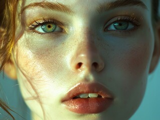 Close-up Portrait: A young woman's radiant face, with captivating green eyes and subtle freckles, is illuminated by soft, natural light, creating a stunning close-up portrait.