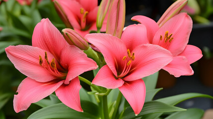 Pink lilies blooming in garden, close-up view, shallow depth of field, perfect for floral design or gardening websites
