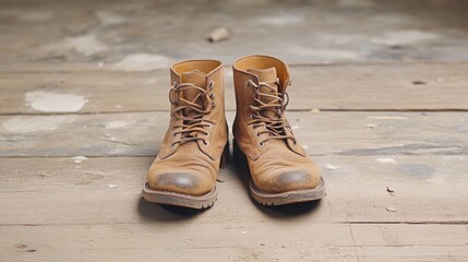 A pair of worn-out leather boots with cracked soles and frayed laces, sitting on a dusty wooden floor