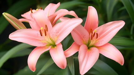 Fototapeta premium Pink lilies blooming in garden, closeup view, green foliage background; ideal for floral designs, greeting cards