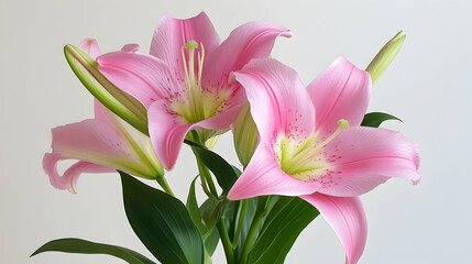 Fototapeta premium Pink lilies bouquet, close-up, light background, for greeting cards