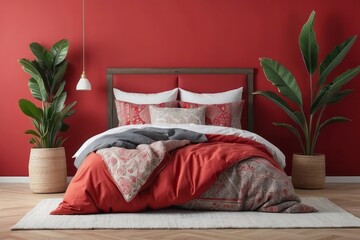 cozy bedroom, bedding, stylish armchair, wooden bedside table, clothes, plants, patterned pillows, Bright Red wall