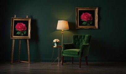 Romantic dark green Living Room with Roses and green sofa and a frame. Interior of festive living room with dark green sofa, and minimalist decorations for Valentine's Day celebration